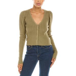 Autumn Cashmere Womens Cotton By  Rib Lettuce Edge Puff Sleeve Cardigan, Green